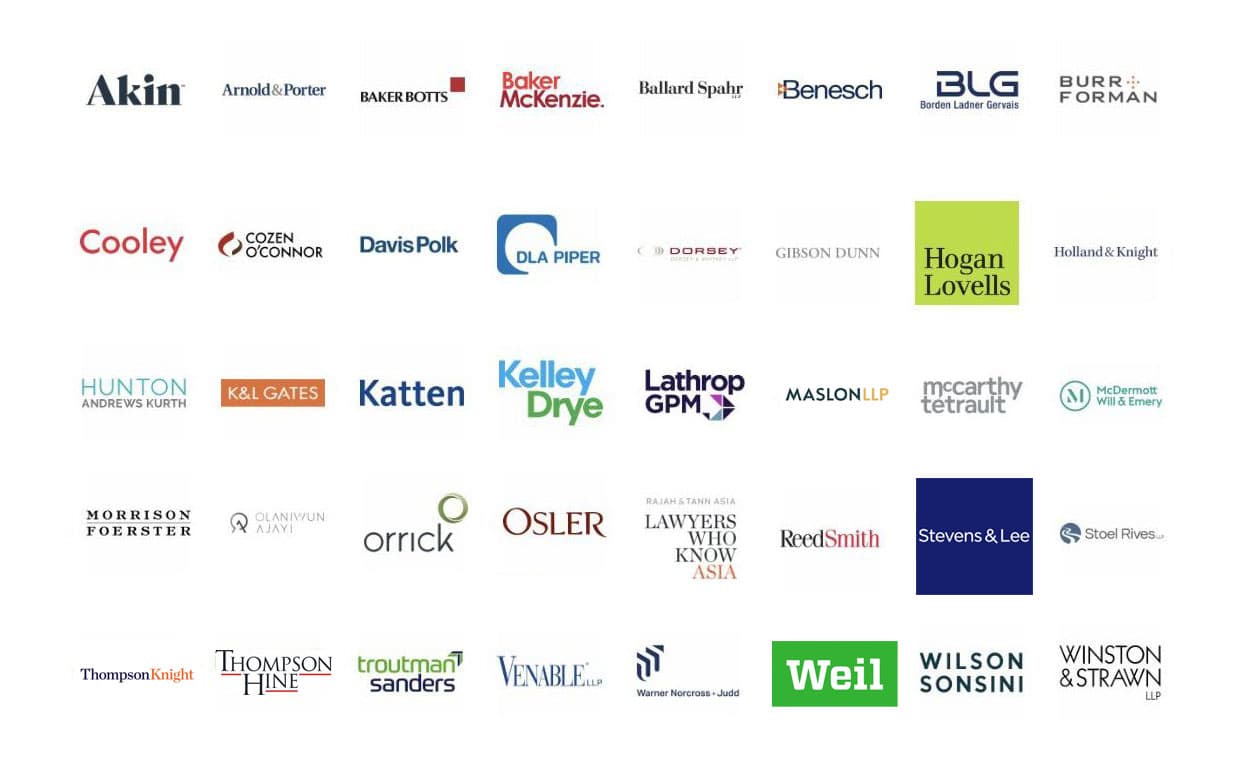 Law firm clients including Akin, Baker McKenzie, Cooley, DLA Piper, Hogan Lovells, and more