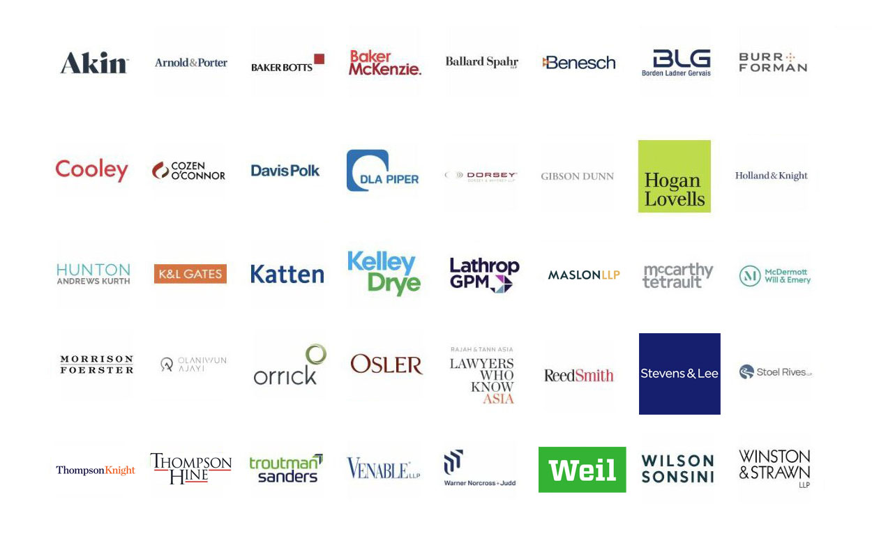 Law firm clients including Akin, Baker McKenzie, Cooley, DLA Piper, Hogan Lovells, and more